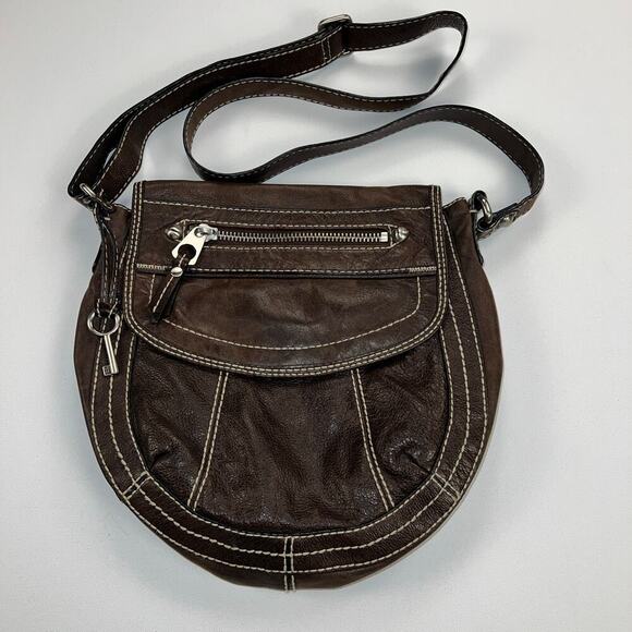 Fossil Pebbled Leather Crossbody Bag Rich Chocolate Brown Contrast Stitching - Picture 3 of 15